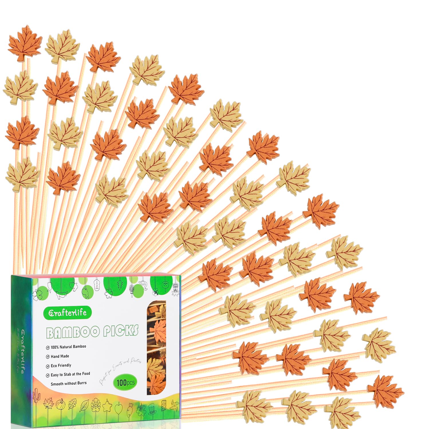 Photo 1 of 100pcs Fall Maple Leaf Cocktail Picks 5? Maple Leaves Autumn Theme Decoration Toothpicks Fruit Sticks Skewers for Appetizer Charcuterie Board Accessories Thanksgiving Decorations Themed Party Supplies