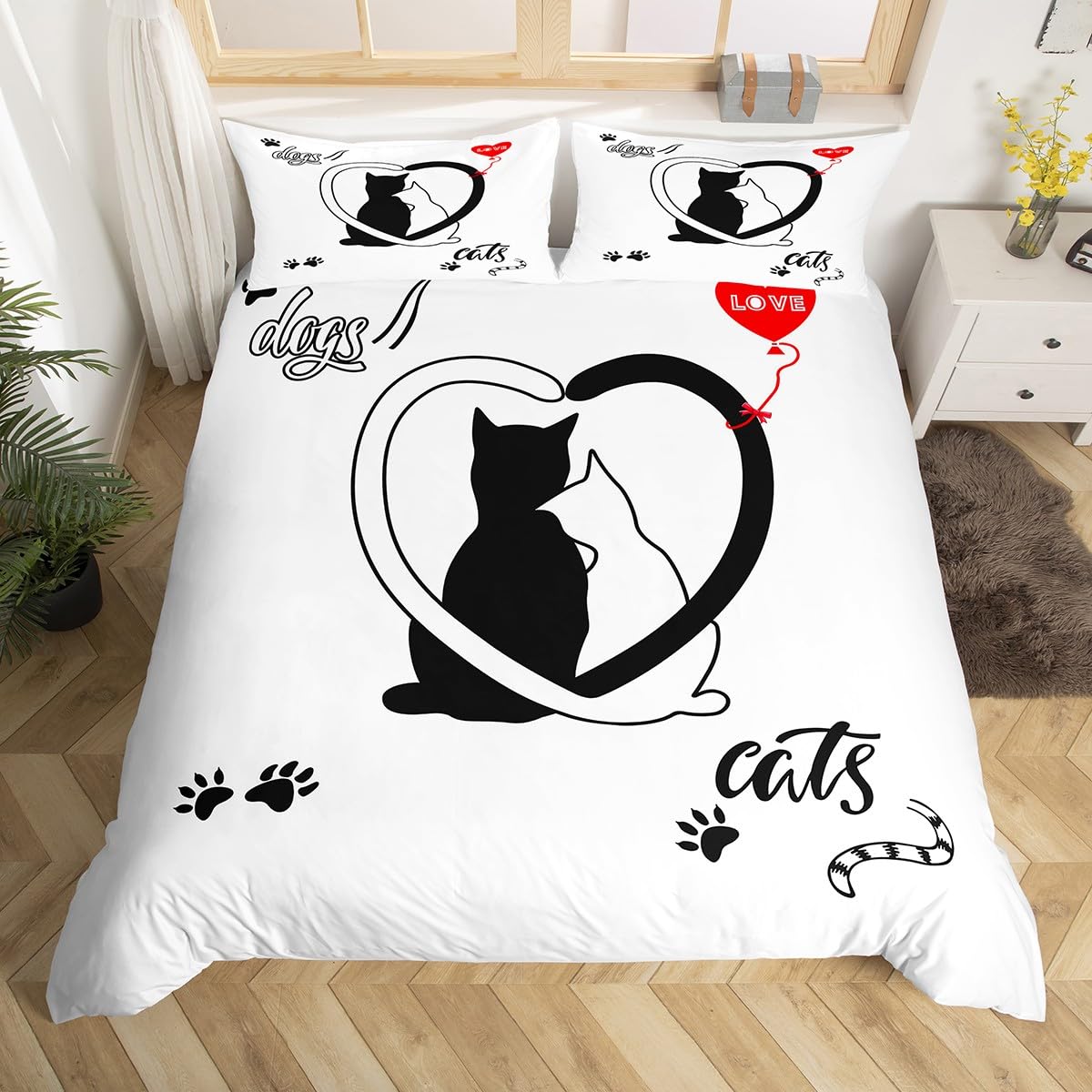 Cute Cat Duvet Cover Set Black and White Comforter Cover Couple Cat Print Bedding Set 3pcs for Lovers Adults Couples Lovely Animal Theme Bedspread with 2 Pillowcases (No Comforter) Double Size — image 1