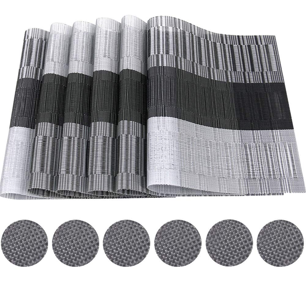 Time to Sparkle Set of 12 PCS Vinyl Woven 6pcs Placemats + 6pcs Coasters Place Mats Non slip Table Mats Waterproof Heat-resistant Dining Table Mats Decor (Black Bamboo)