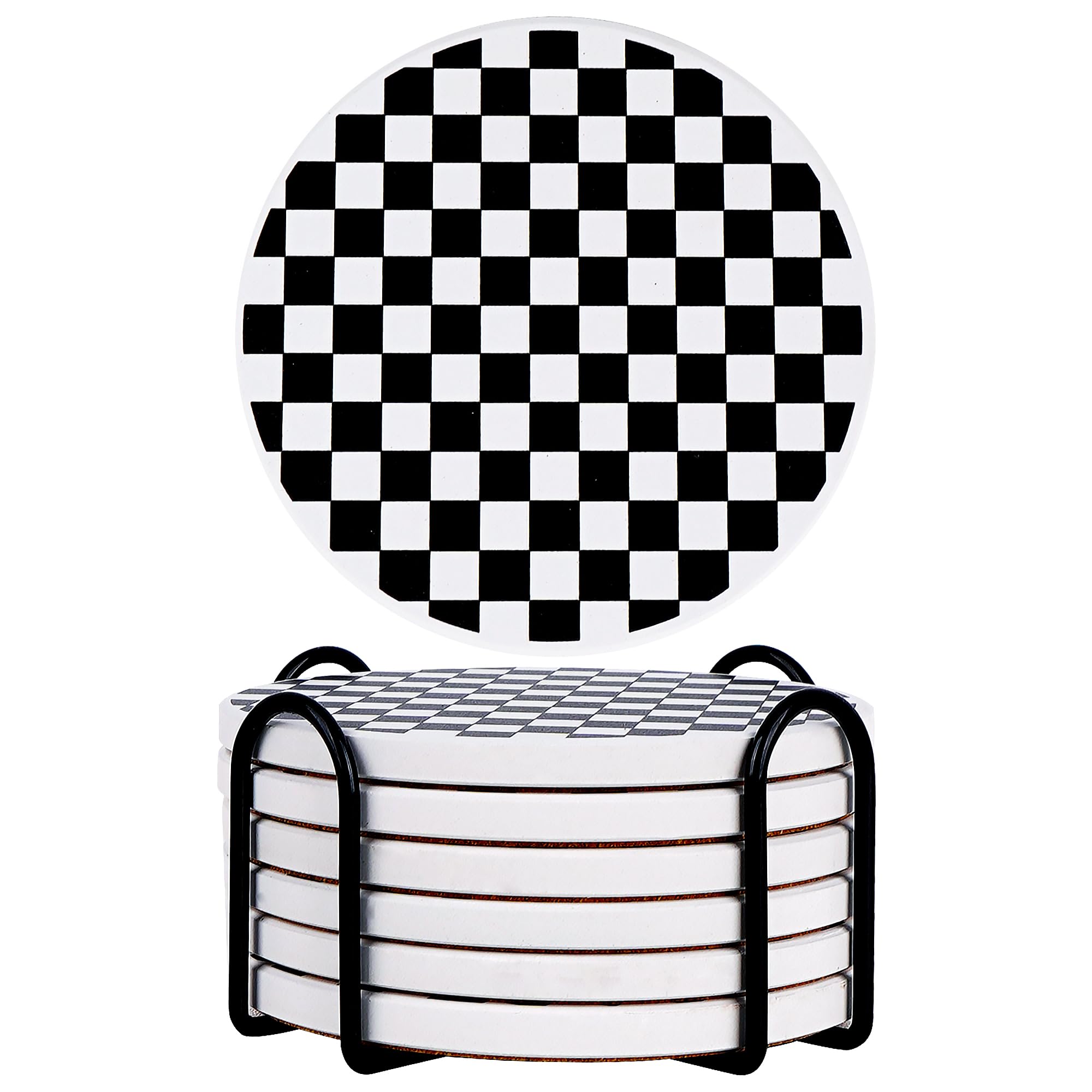 Photo 1 of BUNCHBRAVO Checkered Coasters Set of 6 with Storage Holder, Cork Based Absorbent Stone Cup Coasters for Kitchen Table Home Decor
