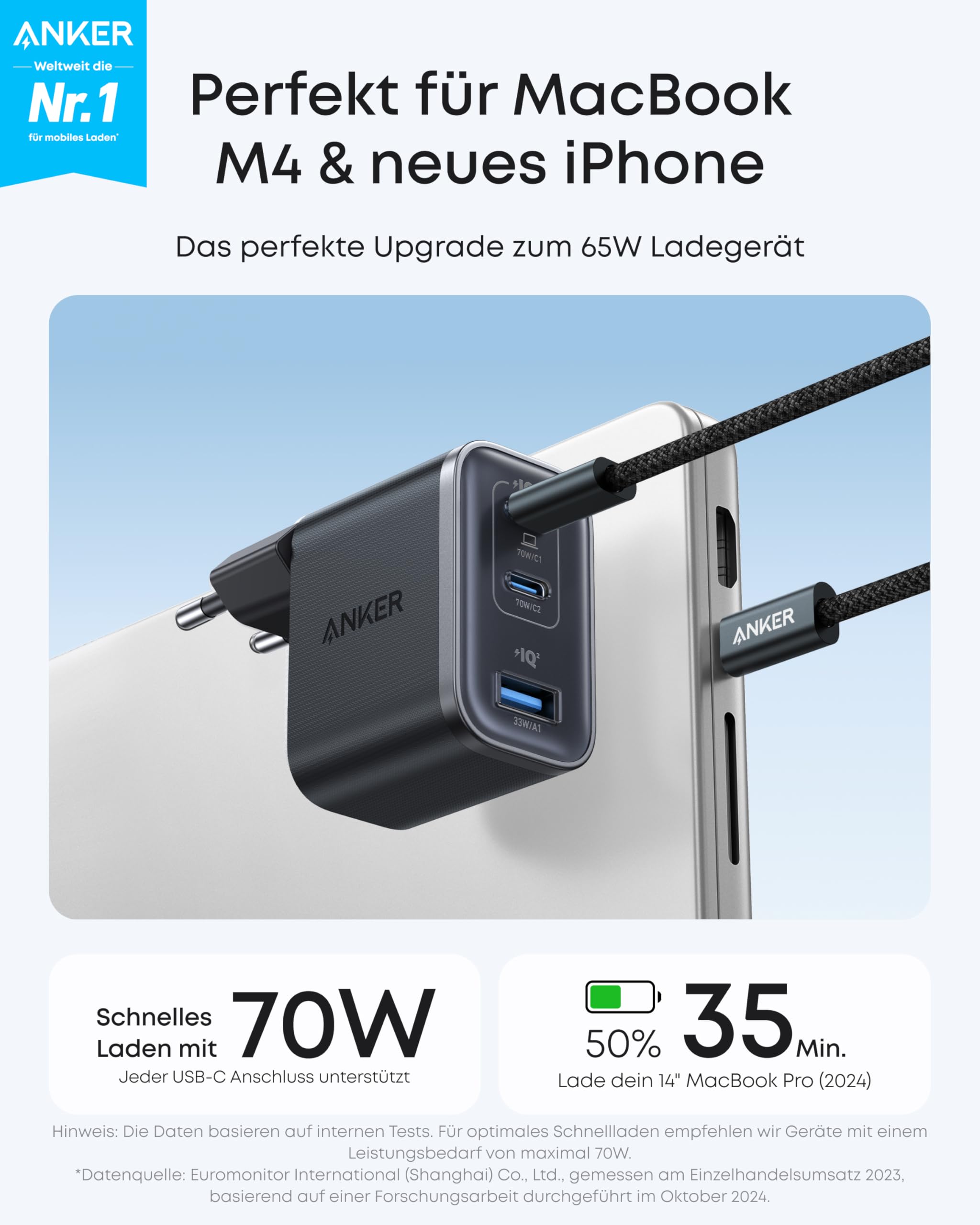 Anker Nano 70W USB C Ladegerät, Laptop Ladegerät, 3-Port-Netzteil mit 70W schnellladegerät, kompakt & stylisch, für iPhone 17/Pro/Pro Max/iPhone Air/16/15, MacBook Air, iPad, Pixel, Galaxy und mehr 2