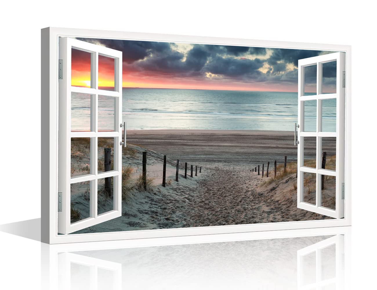 TISHIRON 3D Window Effect Coastal Picture Artwork Beach Seascape Canvas Wall Art with Wooden Pathway to Ocean for Bedroom Wall Decor Stretched and Framed Ready to Hang 16x24inch — image 1
