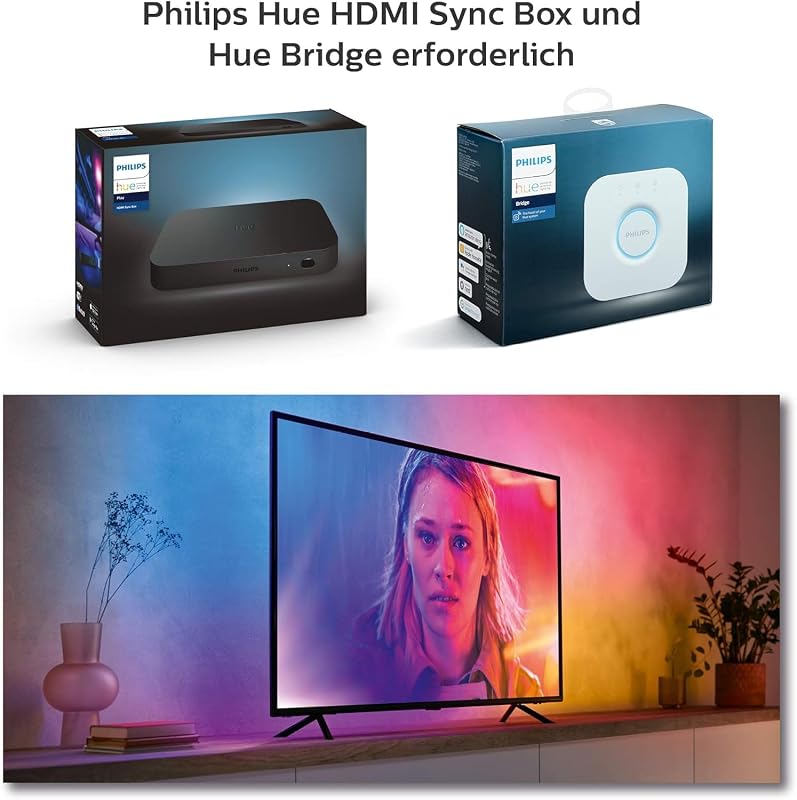 White & Color Ambiance Gradient Lightstrip (65 Zoll), dimmbarer LED Streifen für den Fernseher mit 16 Mio. Farben und Farbverläufen, smarte Heimkino TV Hintergrundbeleuchtung, schwarz