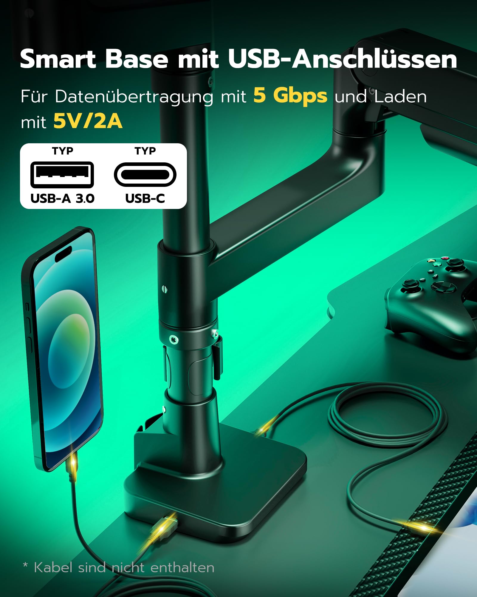 ARES WING Monitorhalterung 2 Monitore übereinander für 17-49 Zoll Flach & Curved Bildschirme, dual Monitor Halterung mit Gasfeder und USB A/C Port, Höhenverstellbar, Gewicht 2-20kg/arm,VESA 75 & 100 3