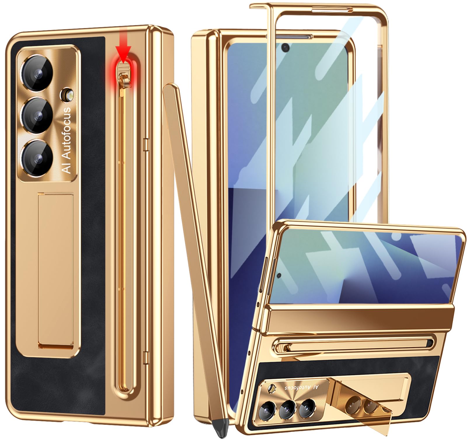 Photo 1 of YQODSZ for Samsung Galaxy Z Fold 7 Case with S Pen Holder & Slim Stylus, Fold7 PU Leather Phone Case with Kickstand Built in Screen Protector Camera Protector Protective Cover for Z Fold7 Gold+Black