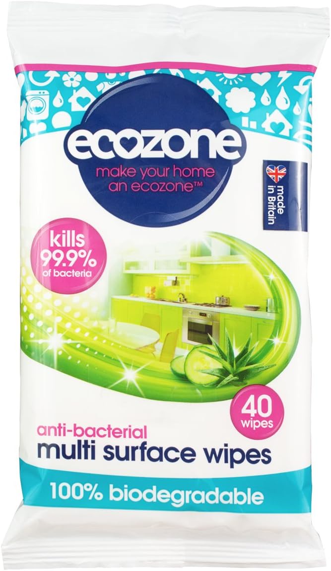 EcoZone Anti-Bacterial Multi-Surface Wipes, Biodegradable Moist Wet Anti Bac Disposable Cleaning Cloths