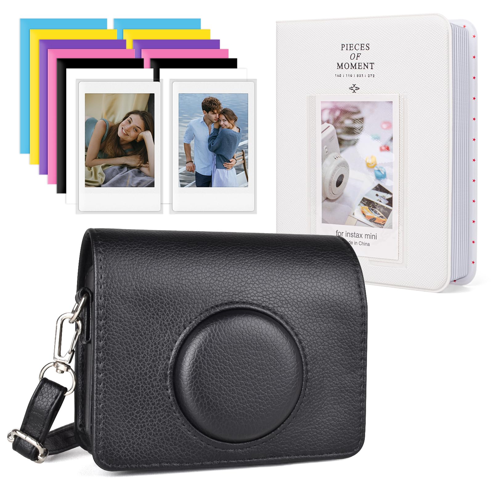 HIYQIN Mini Evo Camera Case with Photo Album/Accessories - Protective Leather Case Compatible with Fujifilm Instax Mini Evo Instant Camera - Black+White
