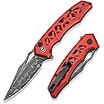 CIVIVI Anaaki Folding Pocket Knife, 2.98" Damascus Blade Aluminum Handle with Reversible Clip, Lightweight Skeletonized EDC Knife for Camping Hiking C24039-DS1, Red