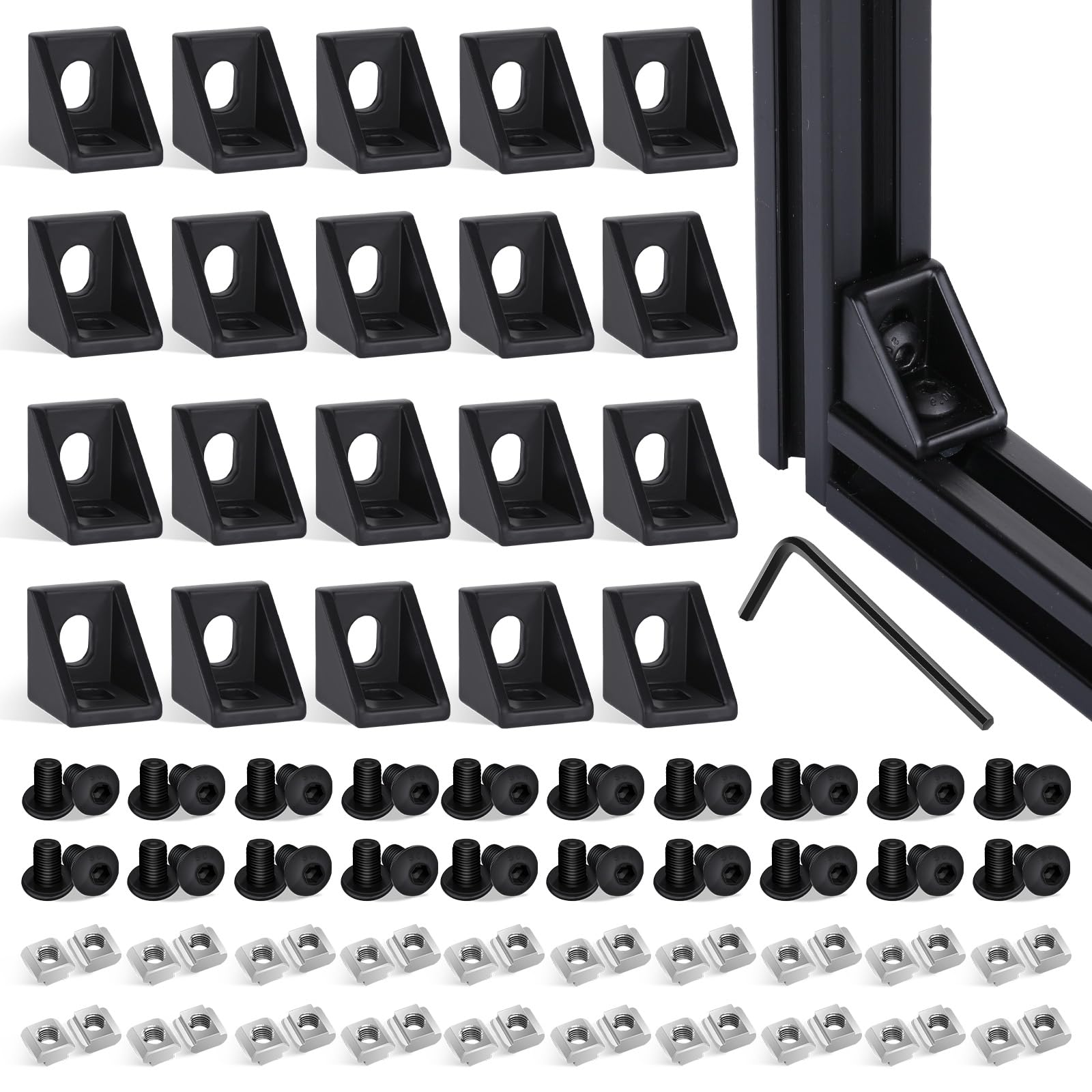 Photo 1 of 20 Set Black 2020 Series Aluminum Profile Connector Kit, 20pcs Corner Brackets with 40pcs M5 Screw Bolts and T Slide Nuts for 2020 Series Aluminum Profile Rail, T Slot Extrusion Accessories
