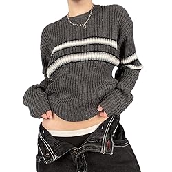 Women Y2K Argyle Striped Pullover Sweater Casual