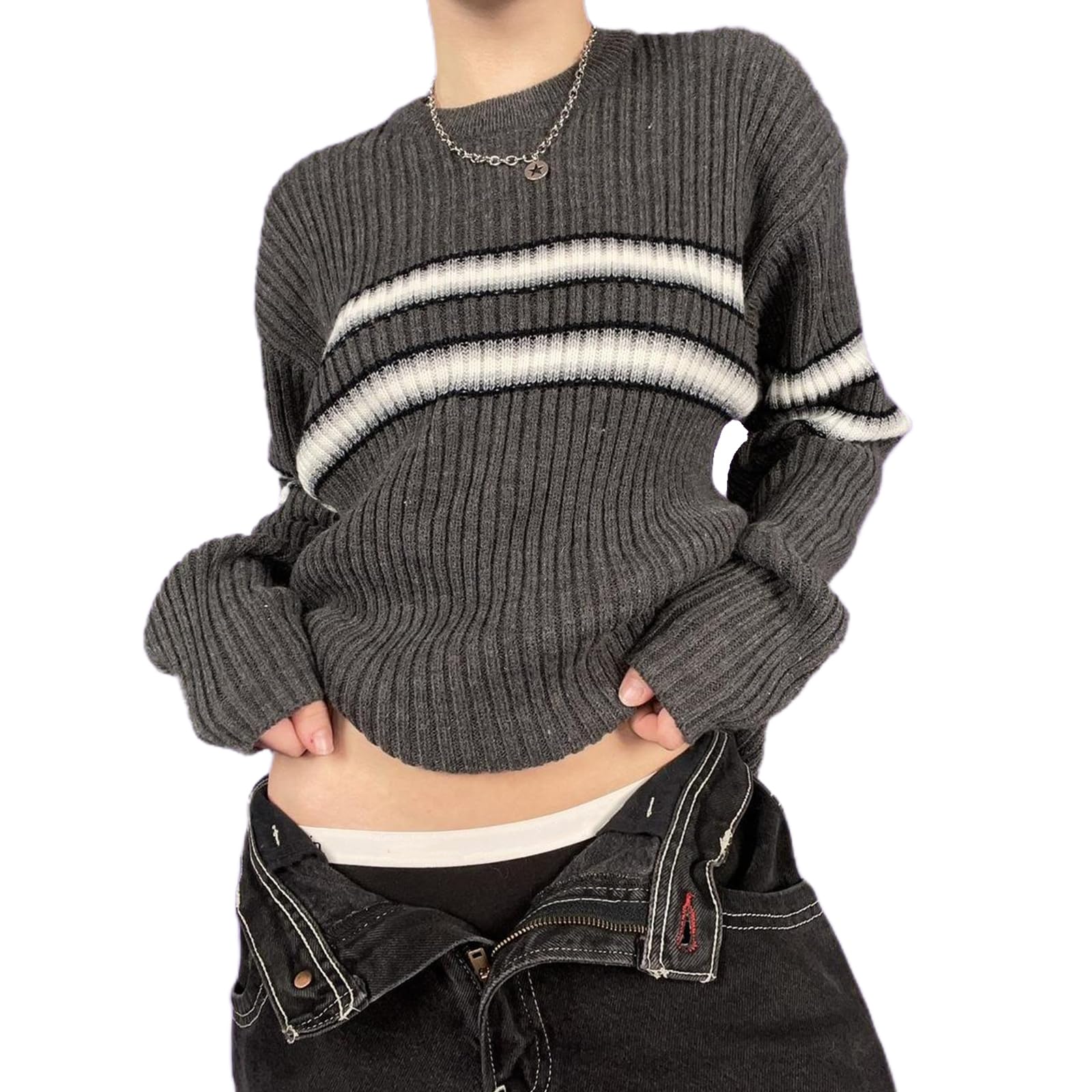 Women Y2K Argyle Striped Pullover Sweater Casual