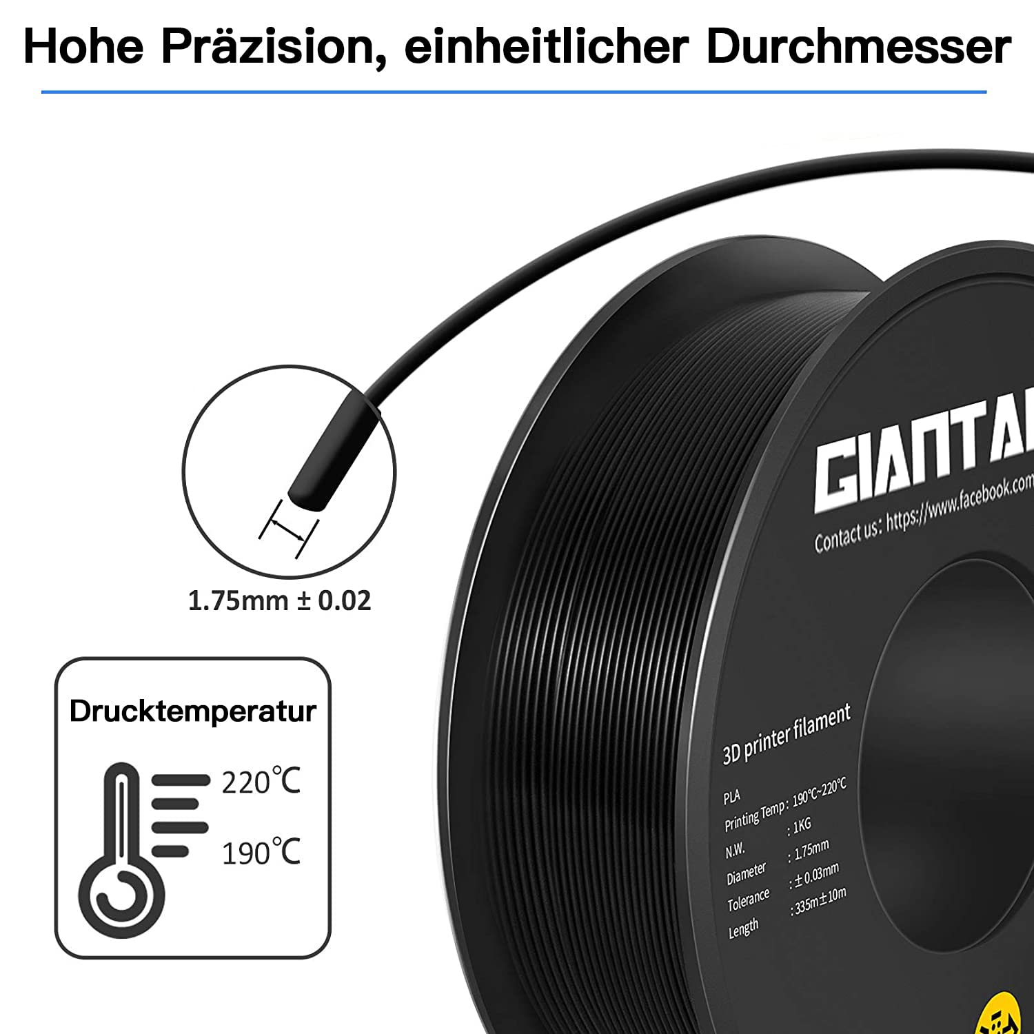GIANTARM PLA Filament 1.75mm,3D Drucker Filament PLA 1kg,MaBgenauigkeit +/- 0,02mm,3D-Druckmaterialien,PLA Schwarz 3