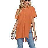 LYANER Women's Collar V Neck Split Hem Button Down Short Sleeve Long Shirt Blouse Tunic Top