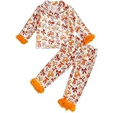Kuriozud Toddler Girl Halloween Pajamas Pumpkin Silk Satin Sleepwear Little Girls Bow Pjs Baby 2Pcs Halloween Pajama Set