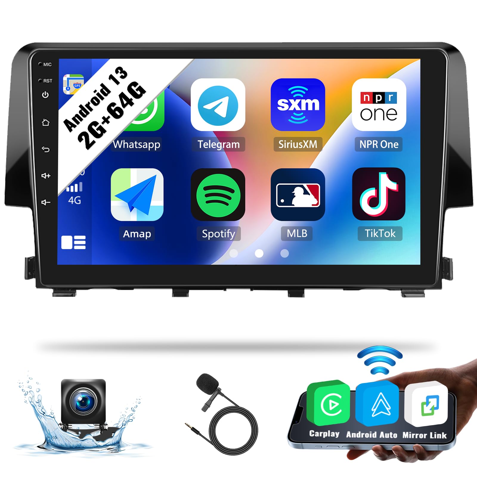 Photo 1 of SIXWIN 2G+64G Android Car Stereo for Honda Civic 2016-2020 with Canbus and Harness Wireless CarPlay Android Auto Mirror Link 9 Inch Touchscreen Bluetooth GPS Navigation WiFi FM Backup Camera MIC