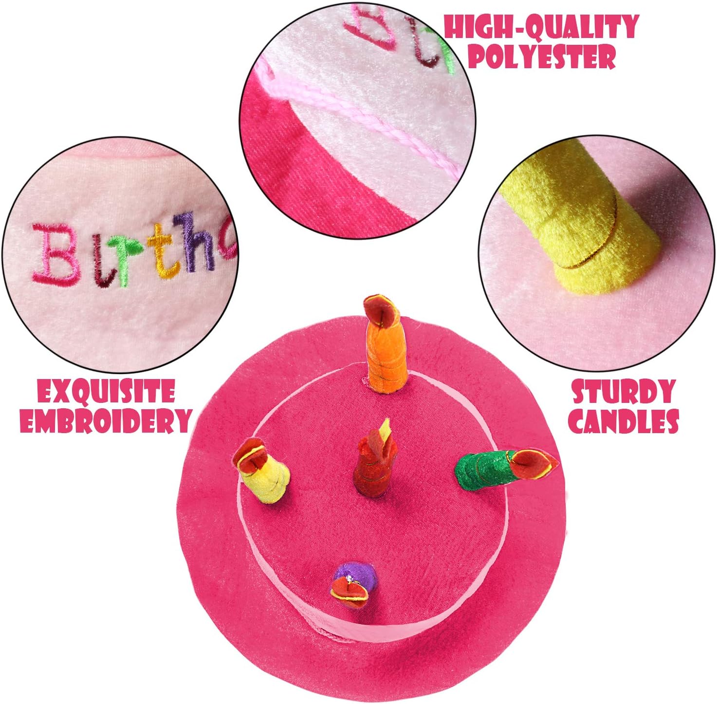 Novelty Place Pink Plush Happy Birthday Cake Hat - Unisex Adult Size Fancy Dress Party Hats - Perfect as Party Favors, Costume Accessories - Cake & 5 Multicolor Candles: Toys & Games