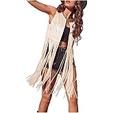 BEAUDRM Women's Fringe Vest Sleeveless 70s Hippie Faux Suede Trim Western Cowgirl Tassel Jacket Cardigan