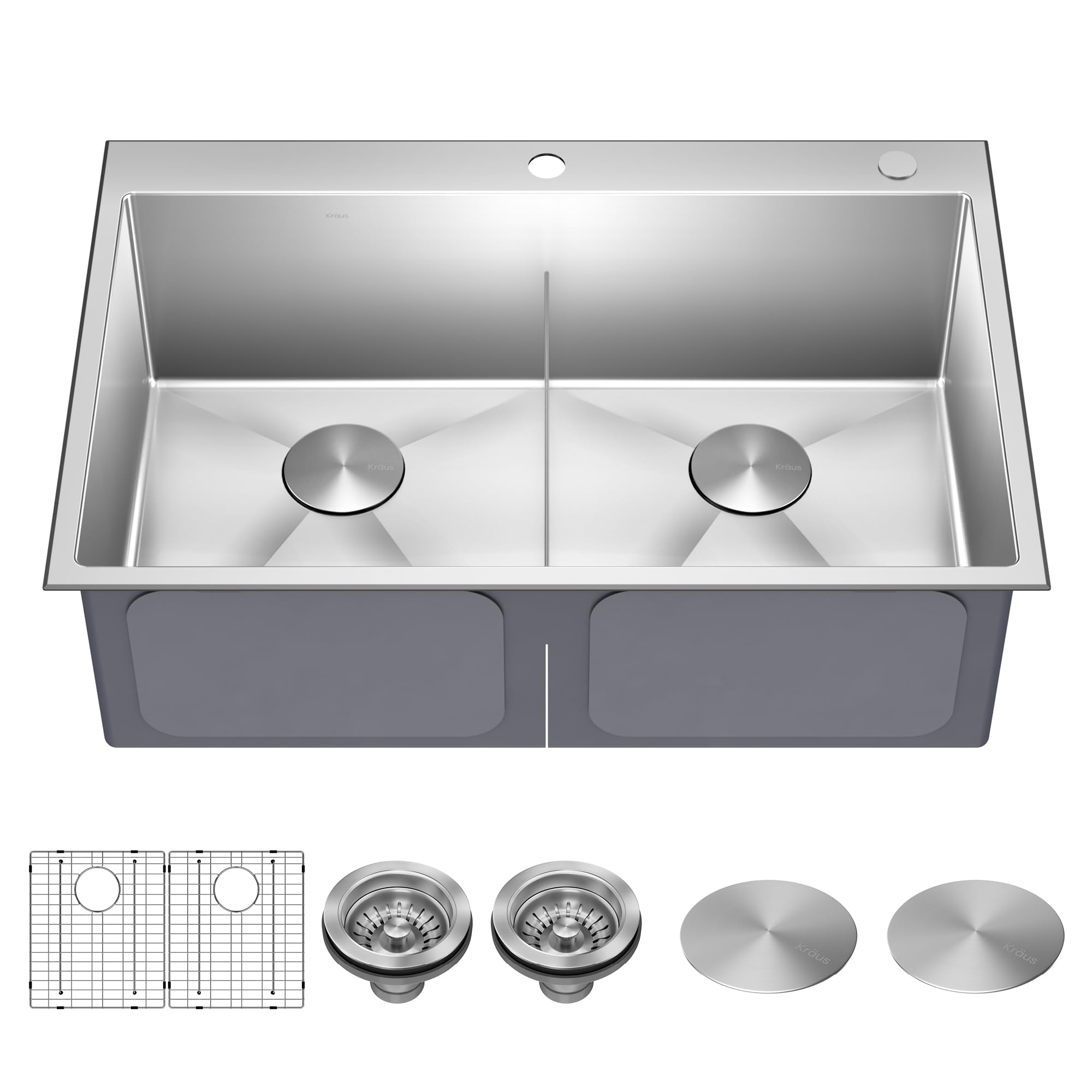 Photo 1 of KRAUS Standart PRO 33-inch Drop In/Undermount 16 Gauge Double Bowl 2-Hole Stainless Steel Kitchen Sink, KHT302-33