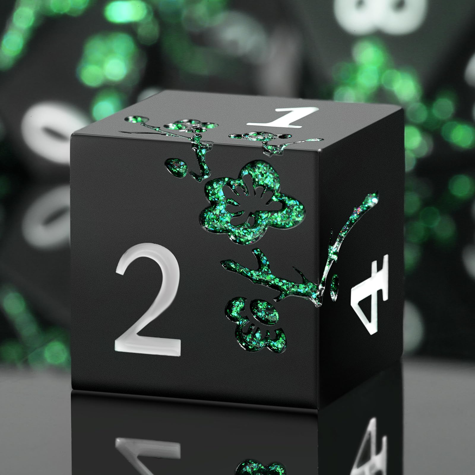 Glitter Green DND Metal Dice, DNDND 7 PCS Flower Metallic DND Dice Set with Grogeous Gift Case for Dungeons and Dragon Tabletop Game (Matte Black with Glitter Green Flower) — image 1