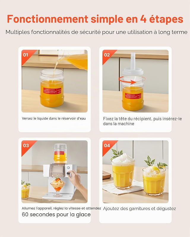 Broyeur à Glace Pilée 60 kg/24 h, Machine à Glace Râpée Flocon de Neige, avec Lame en Acier Inoxydable, Réservoir de 1,8 L, Pré-refroidissement Rapide, pour Dessert Boulangerie Café Maison — photo 5 sur 8