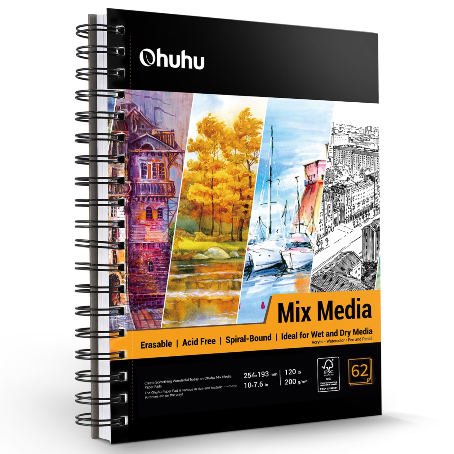 Ohuhu Mixed Media Sketchbook - 200gsm Spiral Bound, 124 Pages (62 Sheets) Acid-Free Paper for Watercolour, Acrylic, Pencils & Pastels, Wet & Dry Media, 7×10" (18×25cm) Portrait Format