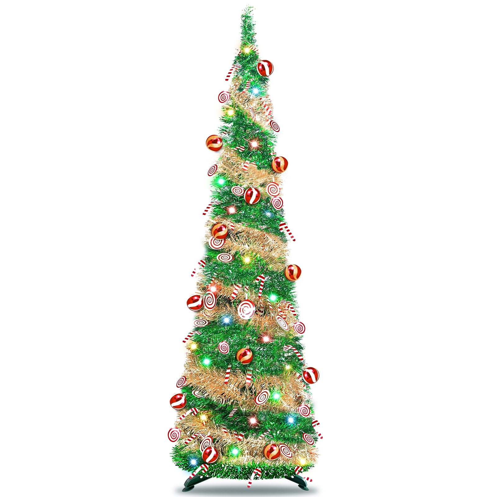 Photo 1 of [Timer] 6 Ft Pop Up Christmas Tree with Lights, Green&Gold Tinsel Pencil Tree with 50 Multicolored Light Christmas Balls Lollipop Candy Cane Battery Operated for Home Holiday Xmas Party Indoor Decor