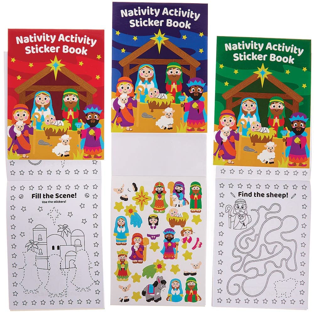 Baker Ross FX289 Nativity Activity Sticker Books - Pack of 8, Entertaining Travel Activities, Xmas Party favours, Kids Sticker Book
