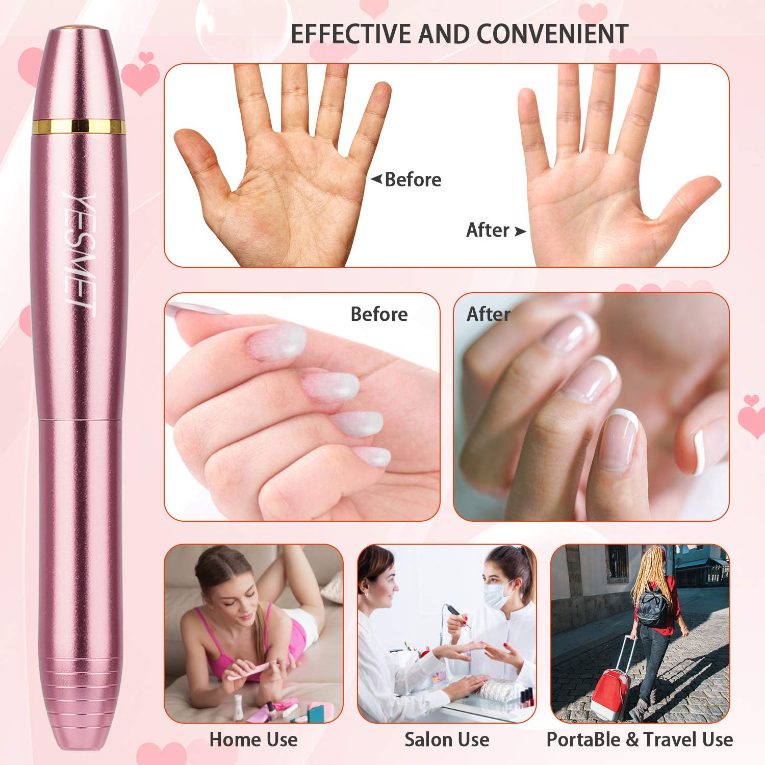 Portable Electric Nail Drill,YESMET Professional 17000RPM USB Nail Tools Set For Gel Nails,Acrylic Nail,Manicure Pedicure Tools With 11 Nail Drill Bits,Sanding Bands,Nail Brush,Home Salon Use,Gold: Beauty