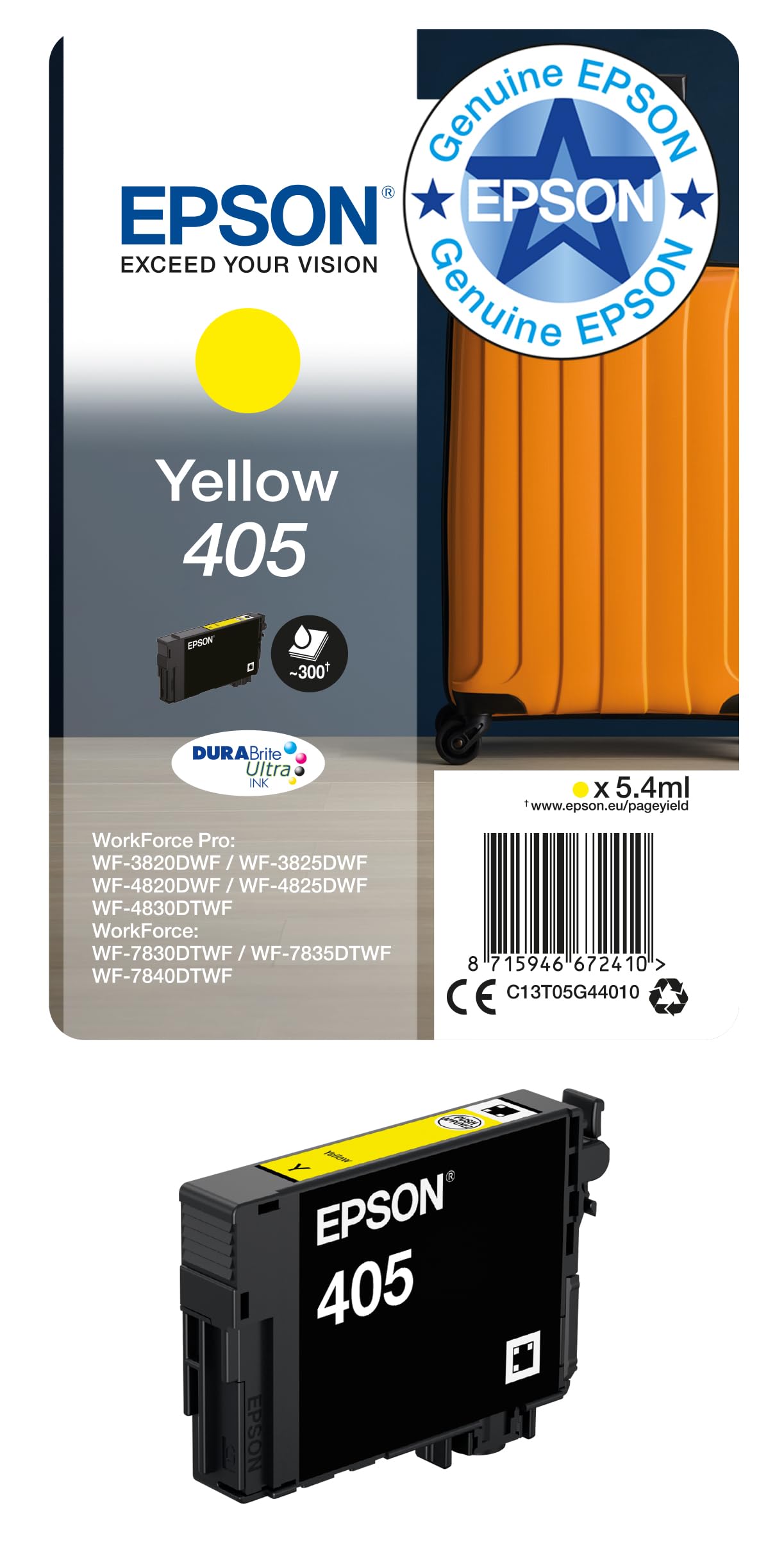 Epson 405 Yellow Suitcase Genuine, DURABrite Ultra Ink, Standard Capacity