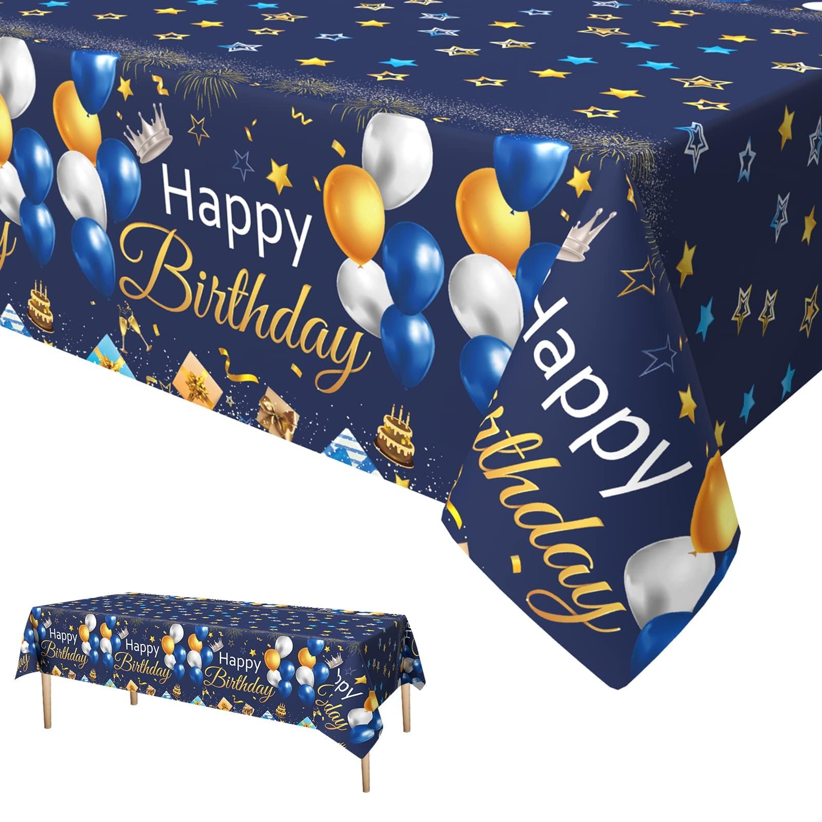 Xinvery Blue Gold Party Tablecloth, Happy Birthday TableCloth Balloons Star Table Covers Plastic Rectangular Tablecloths for Boys Men Birthday Baby Shower 137 x 274cm