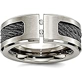 Titanium Brushed Black Cable and Diamonds 10mm Band Ring Size 9 Ring for Women and Men