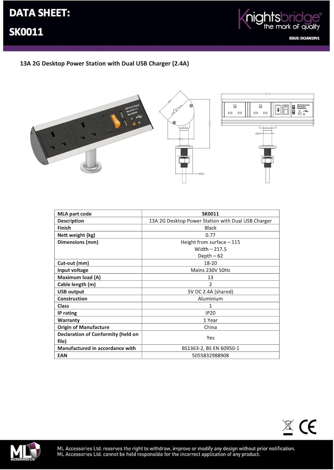 Knightsbridge SK0011 2G Desktop Power Station with 2.4A Dual USB Charger, 13A, Black, Twin Socket with USB - Image 4