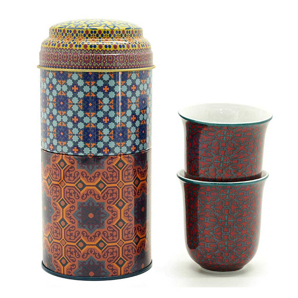 Images D'Orient Gift Set 2 in 1 Metal Cans with 2 x 90 ml Porcelain Ceramic Espresso Cups Mugs Mocca Cups Colourful Oriental Design Coffee Kitchen Tableware Dishes