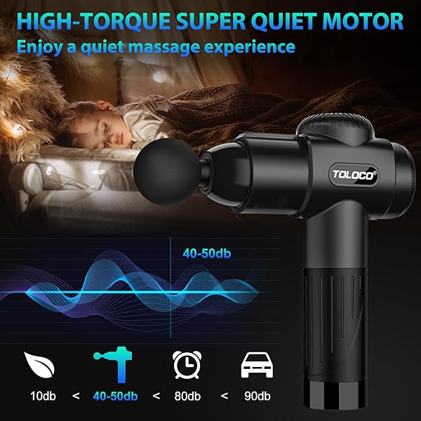 TOLOCO MASSAGE GUN, DEEP TISSUE BACK MASSAGE FOR ATHLETES FOR PAIN RELIEF, PERCUSSION MASSAGER WITH 10 MASSAGES HEADS & SILENT BRUSHLESS MOTOR, GIFTS FOR FATHERS DAY, BLACK