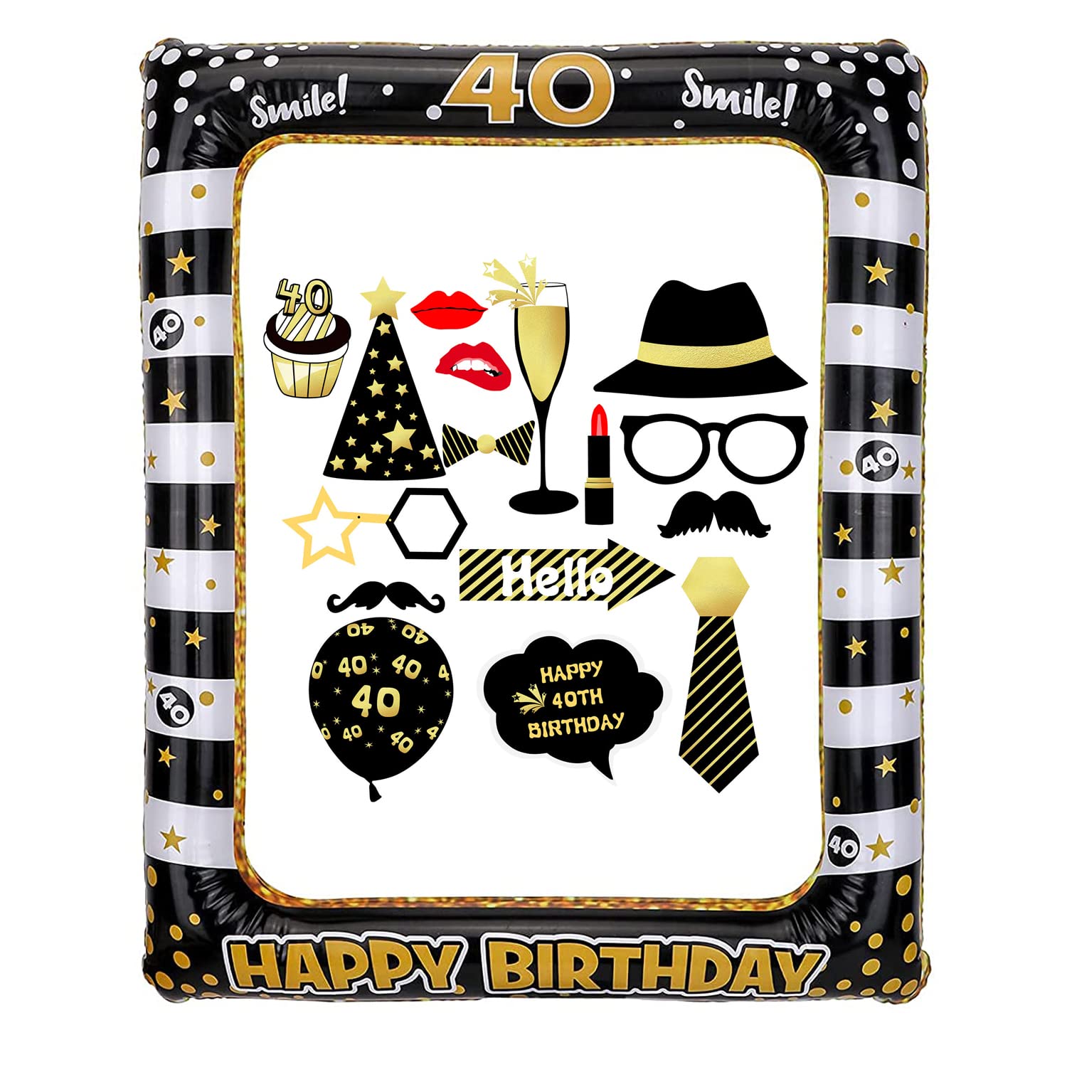 40th Birthday Inflatable Selfie Frame and Photo Booth Props Giant Black Gold Blow Up Decorations for Ladies Mens Birthday Party Supplies Theme Party Kit