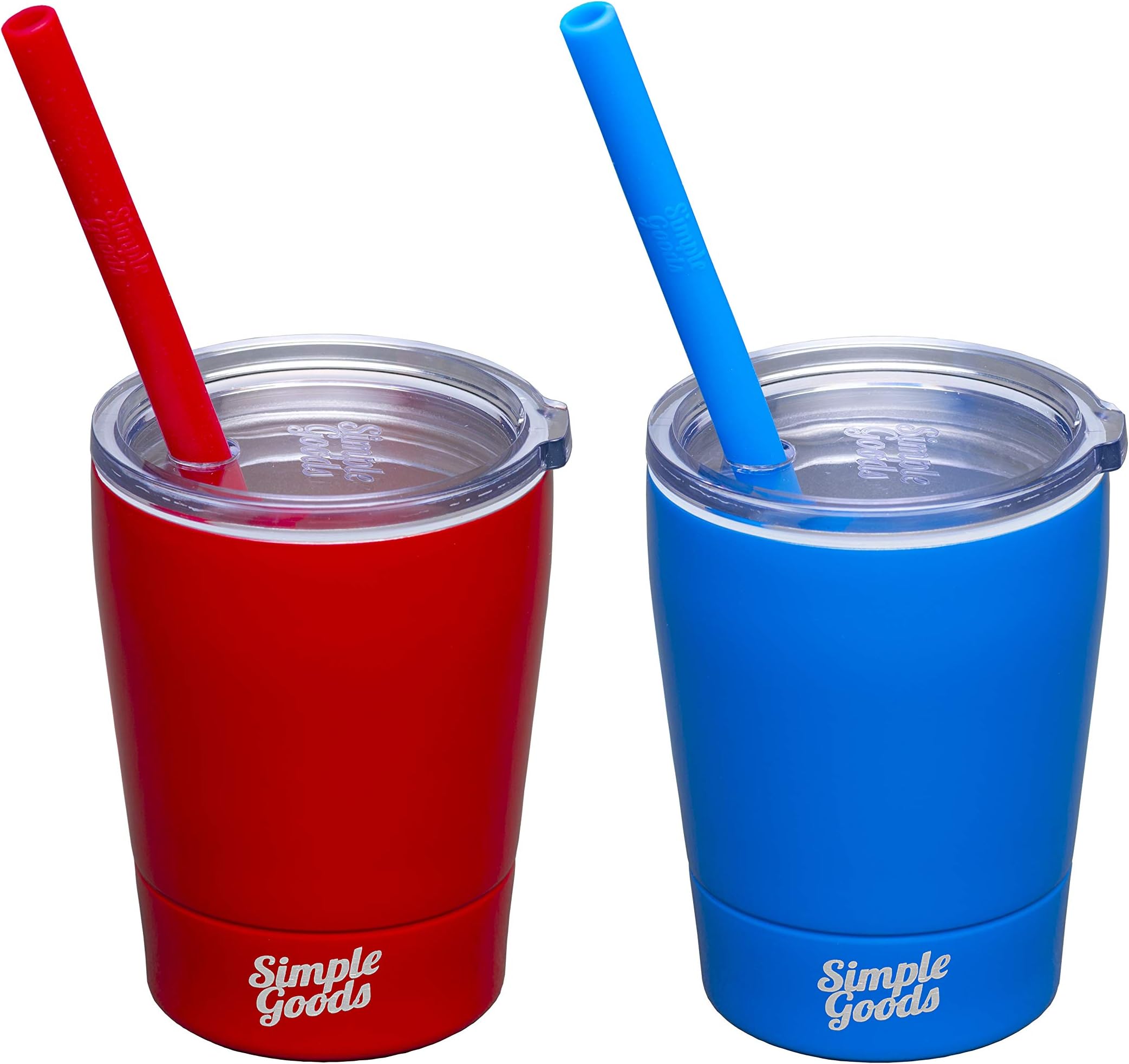 Stainless Steel Cups for Kids Toddler Straw Cup Tumblers with Straw, Lid & Bag by Simple Goods (Tiny, 8 oz, Red/Blue 2 Pack)