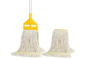 VOUBIEN Commercial Heavy Duty Industrial Cotton Mop with Long Handle, Looped-End String Wet Mops, Yellow, Suitable for All Su