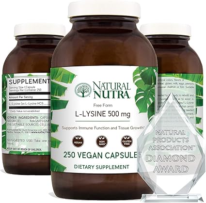 Amazon Com Natural Nutra L Lysine Hcl Promotes Healthy Bone Growth Helps Built Collagen Tissue Formation Improve Calcium Absorption Alpha Amino Acid Supplement Non Gmo Vegan 500 Mg 250 Capsules Health Personal