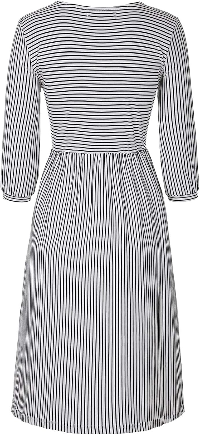 MEROKEETY Women's 3/4 Balloon Sleeve Striped High Waist T Shirt Midi Dress with Pockets at  Women’s Clothing store