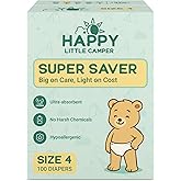 Happy Little Camper Super Saver Diapers, Size 4, 100 Count | Budget-Friendly Disposable Baby Diapers for Sensitive Skin | Hypoallergenic, Fragrance-Free, Ultra Absorbent