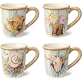 Rosewood 14-Ounce Mugs, Set of 4, Assorted Western Designs with Floral Cowboy Boots, Highland Cow, Cowboy Hat & Steer Skull, Durable Ceramic, Perfect for Coffee, Tea & Rustic Farmhouse Décor