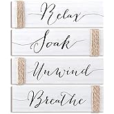 Jetec 4 Pieces Farmhouse White Bathroom Decor Wall Art Bathroom Sign with Hemp Rope Rustic Decor Relax Soak Unwind Breathe Wood Sign for Home Spa Bath Decoration, 11.8 x 3 Inch
