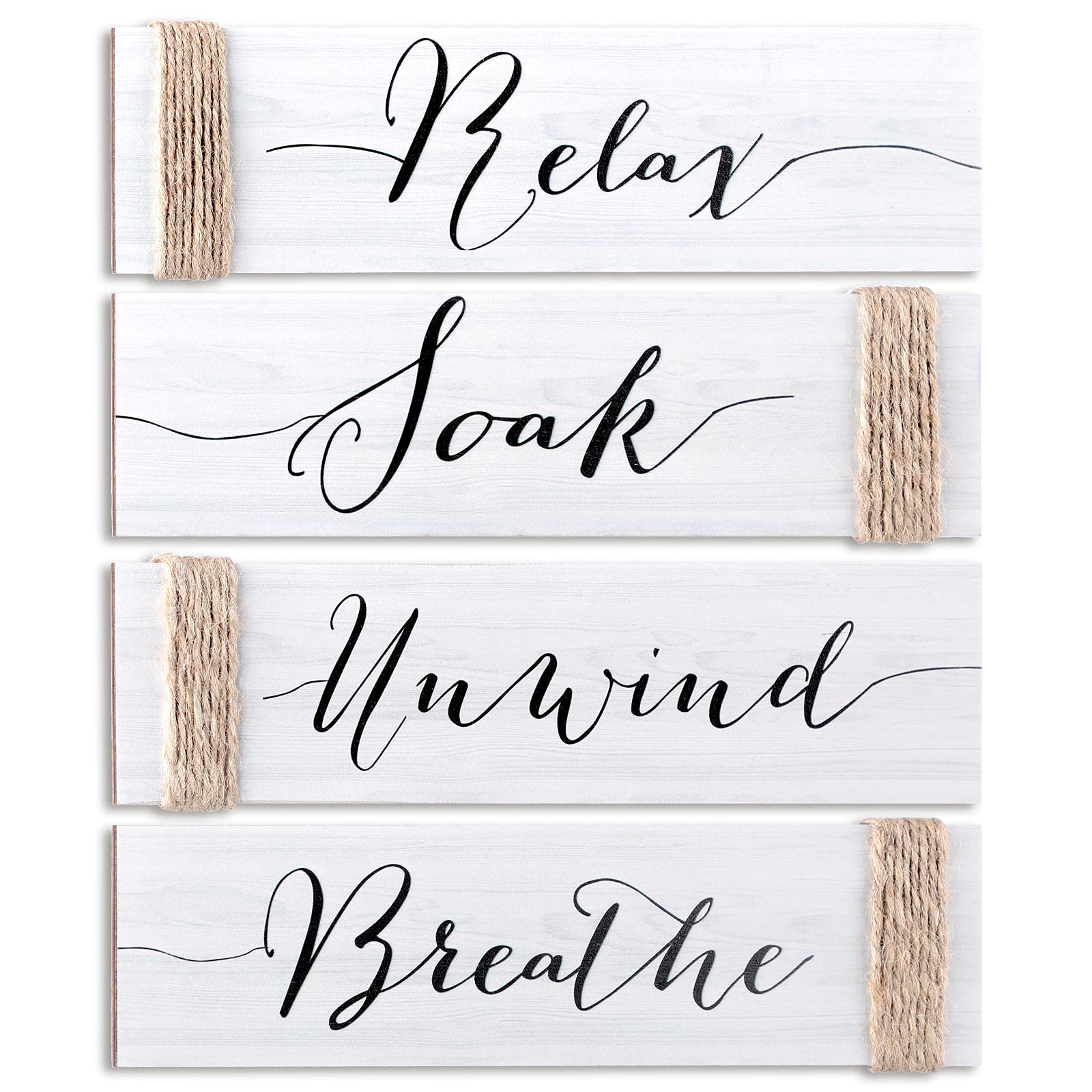 Jetec 4 Pieces Farmhouse White Bathroom Decor Wall Art Bathroom Sign Rustic Decor Relax Soak Unwind Breathe Wood Sign for Home Spa Bath Decoration, 11. 8 x 3 Inch
