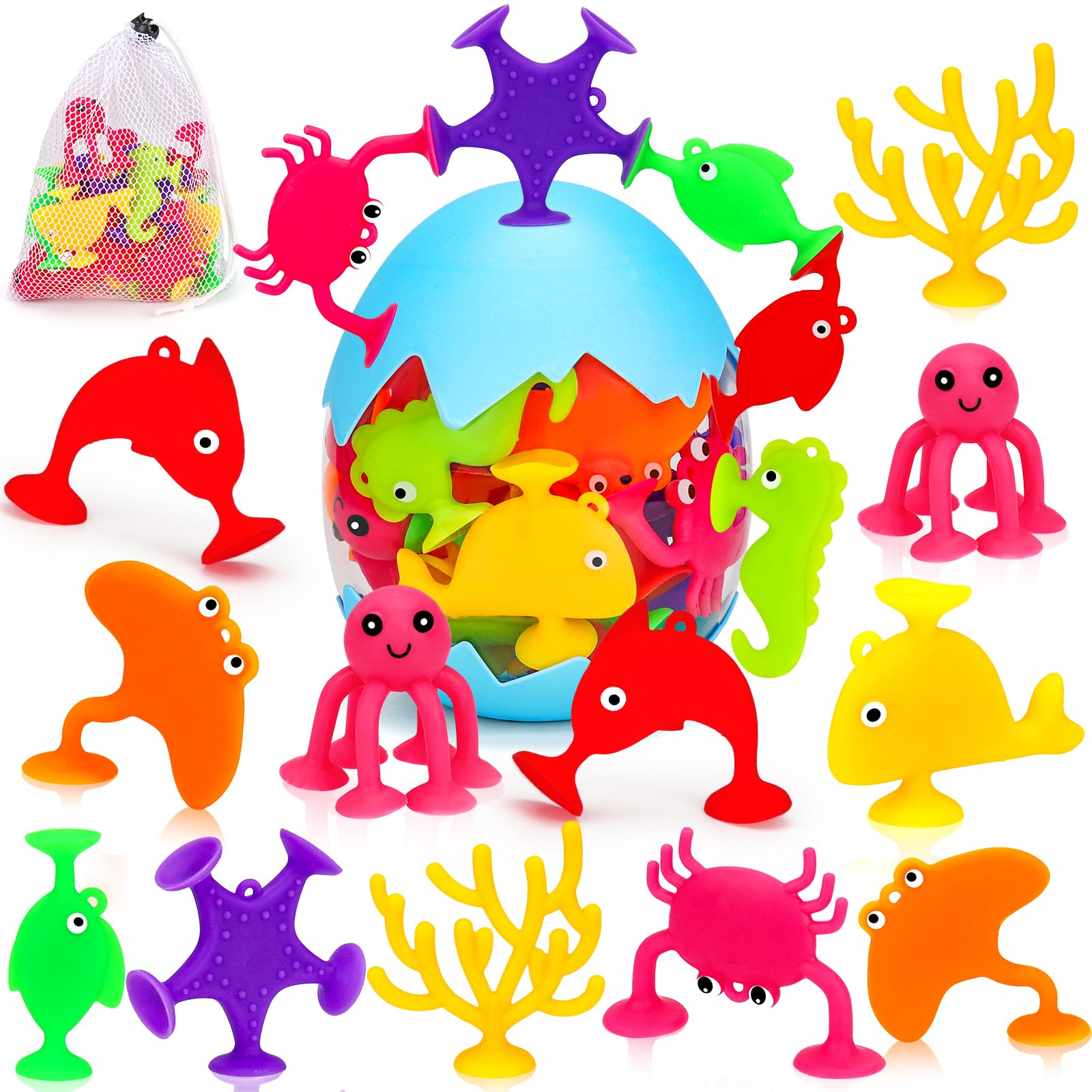 Kids Bath Toys Ocean Suction Cup Toys No Hole Mold Free Bathtub Toys for Kids 1 2 3 Years with Eggshell Window Travel Sensory Water Play Toys Party Favor