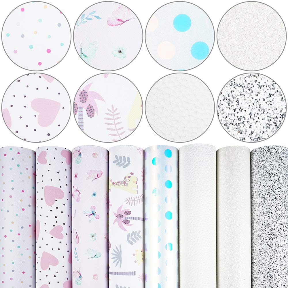 8 Pieces 8x12 Inch (21cm x 30cm) Faux Leather Sheets Mixed White Color Series Fine Chunky Glitter Litchi Texture Butterfly Love Heart Dots Giraffe Pattern Fabric for Leather Bows Earrings Making