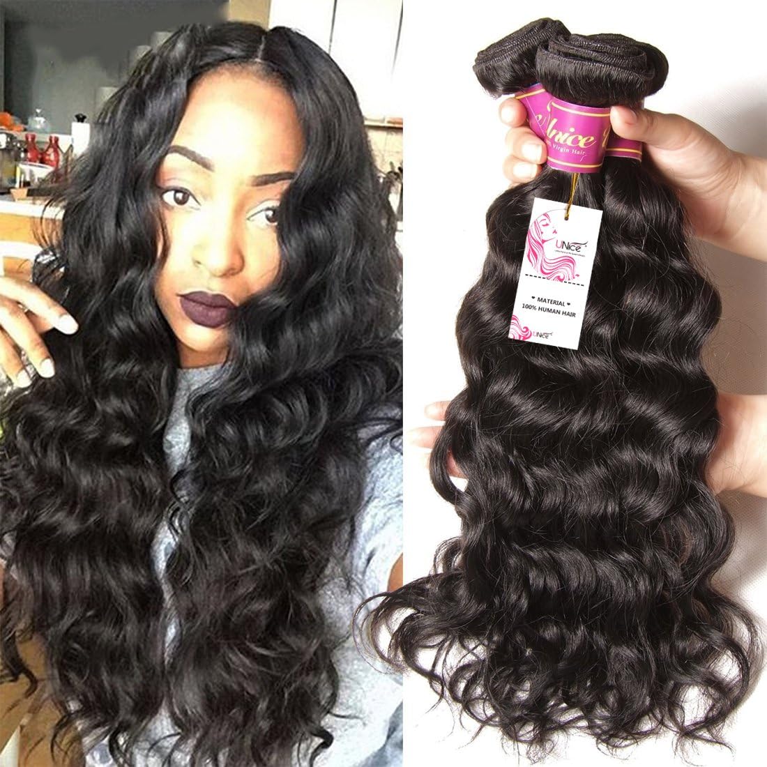 Unice 8a Remy Brazilian Natural Wave Hair 3 Bundles 100% Unprocessed Virgin Human Hair Extensions Weave Natural Color (22 24 26)