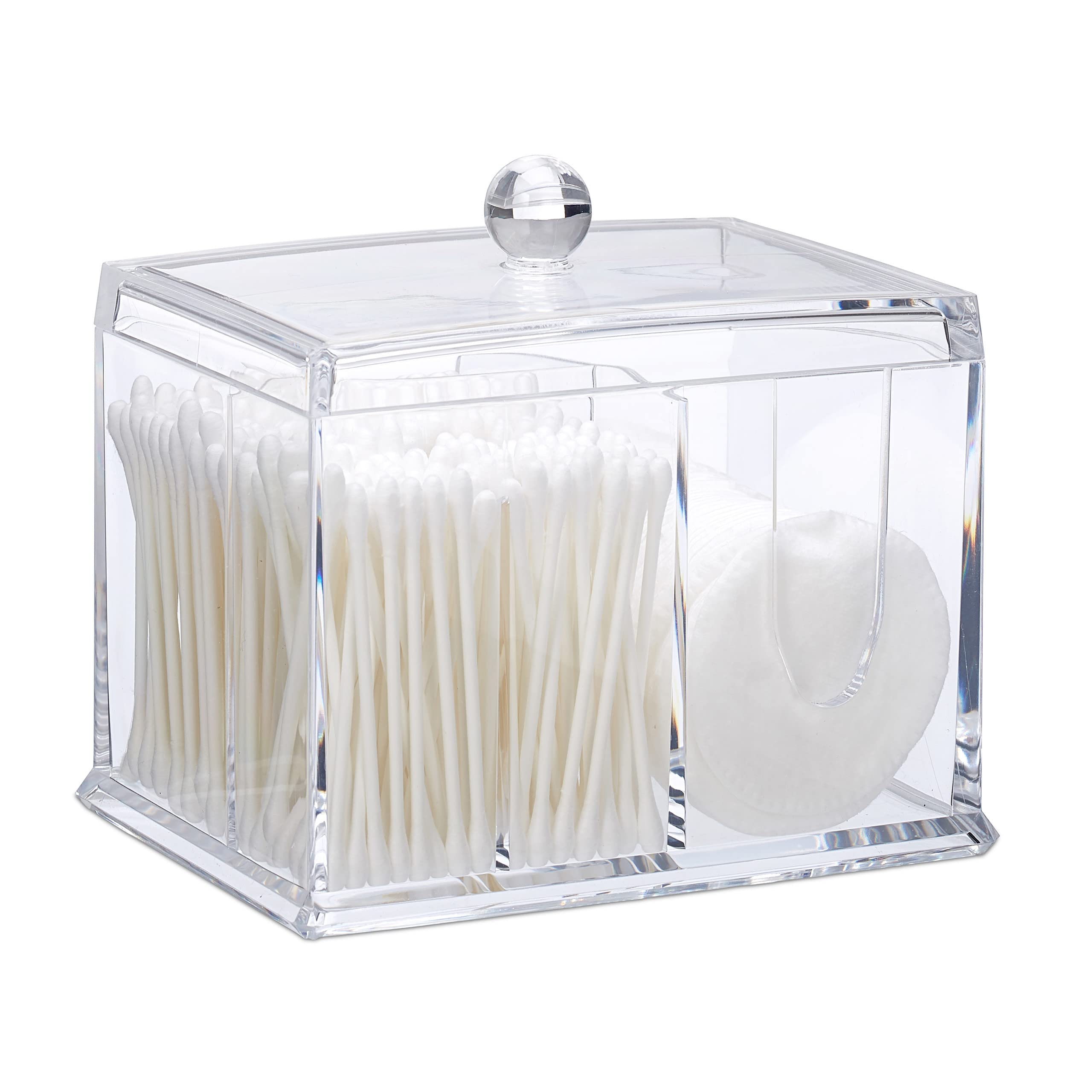 Relaxdays Cotton Swab Storage Box, Acrylic Lidded Organiser, Stick Bathroom Dispenser, Size L, Clear