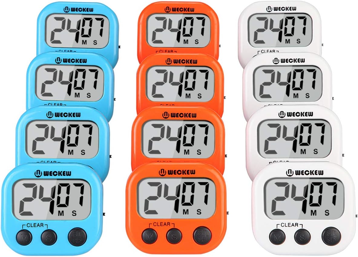 WECKEW Digital Kitchen Timer, Cooking Timer, Large Display, Strong Magnet Back, Loud Alarm, Count up Countdown Timer for Kids Baking Exercise Game (12 Pack, 4White+4Orange+4Blue)