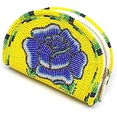La Vivia Vintage Coin Purse Women Yellow Small Beaded - Handmade Mini Wallet Zipper Pouch Native American - Czech Glass Seed Beads Leather Change Purse Cute Boho Gift Wristlet Travel Compact