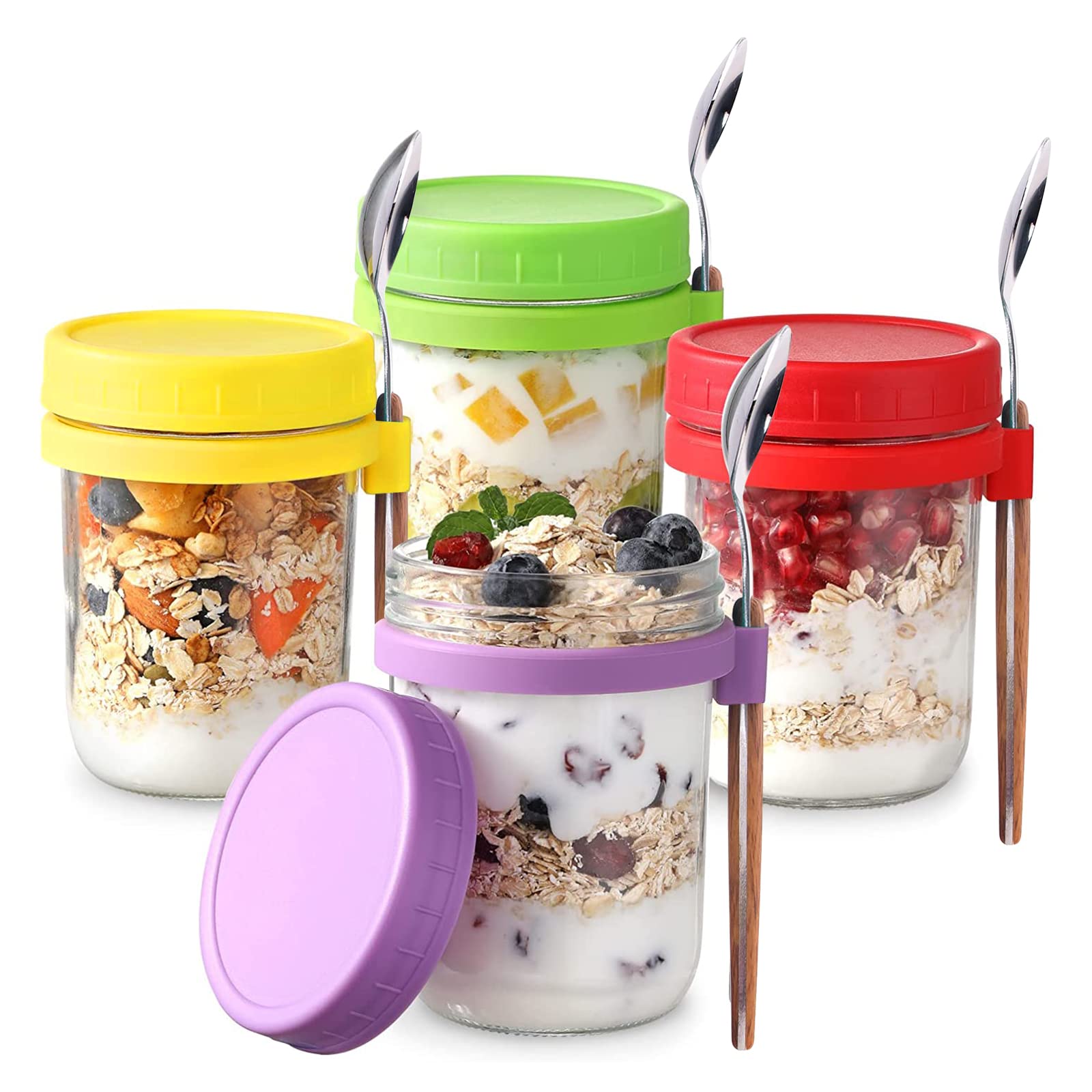 4Pcs Overnight Oats Container Jar with Lids & Spoon Reusable Yoghurt Pot 16oz/500ml Glass Breakfast Pots to Go Dishwasher Safe Yoghurt Container Pots Fruit Salad Cups Breakfast Jar Porridge Container